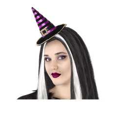 Serre-tête mini chapeau de sorcière rayé noir et violet adulte