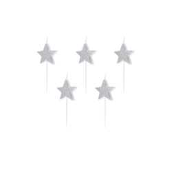 5 Bougies d'anniversaire sur pic étoiles argentées pailletées 3,5 cm