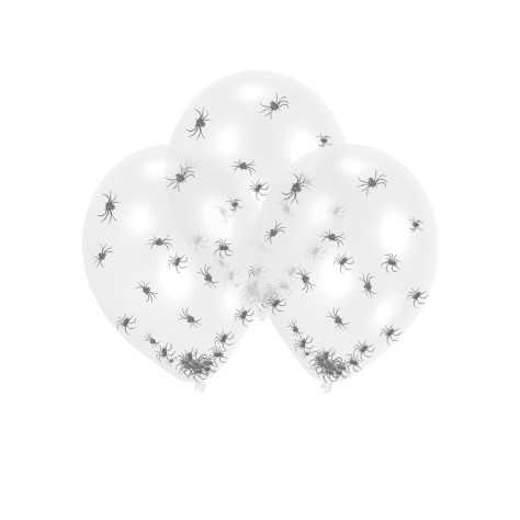 6 Ballons en latex transparents confettis araignées 27,5 cm