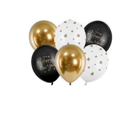 6 Ballons Happy New Year noir et or 30 cm