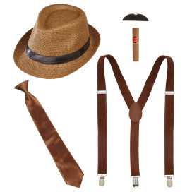 MODE DES ANNEES 20 RUGISSANTES (chapeau, bretelles, cravate, moustache, cigare)