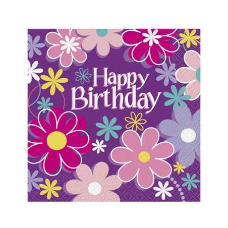 16 Serviettes en papier Happy Birthday fleurs 33 x 33 cm