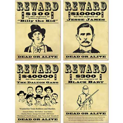 4 Affiches de récompense Bandits américains 48,3 cm