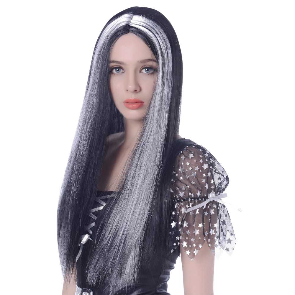Perruque longue noire et blanche femme - 60cm
