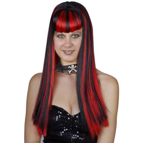 Perruque longue noire avec frange et balayage rouge femme