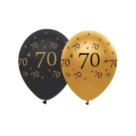 6 Ballons en latex 70 ans noirs et dorés 30 cm