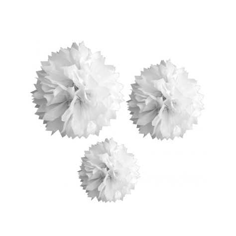 3 Pompons en papier blanc 20, 30 et 40 cm