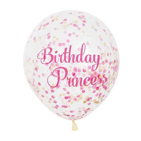 Ballon latex Birthday Princess confettis rose et doré