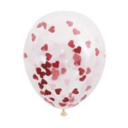 5 Ballons en latex transparents avec confettis coeurs rouges 40,5 cm