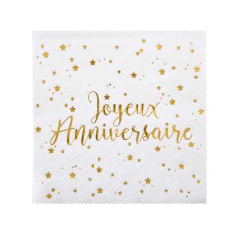 20 Petites serviettes en papier Joyeux Anniversaire métallisé blanc et doré 25 x 25 cm
