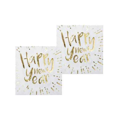 20 Serviettes en papier Happy New Year blanches et dorées 33 x 33 cm